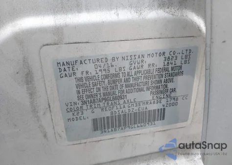 2016 Nissan Sentra Sv z USA, uszkodzony, nr VIN 3N1AB7AP9GL660931